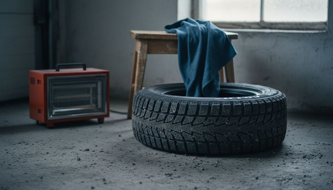 Talvirenkaat säilössä autotallin nurkassa