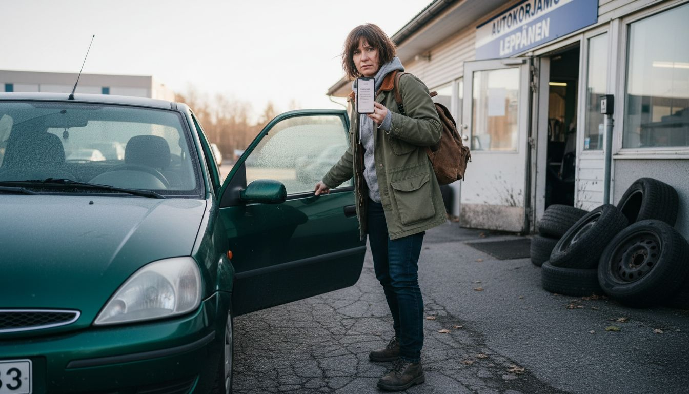 Nainen saapuu huoltamolle rennoin mielin, ilman huolia auton korjauksesta.