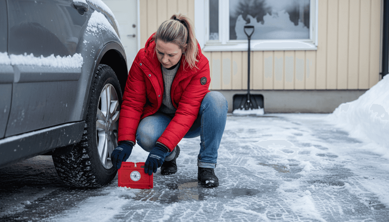 Nainen tarkistaa talvirenkaan urasyvyyden mittaamalla sitä.