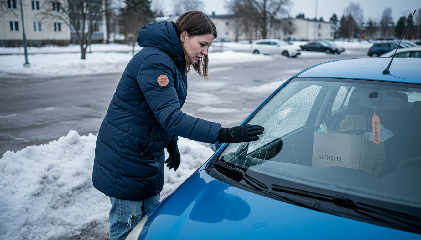 Autoilija tarkastelee talvipakkasessa haljennutta tuulilasia.