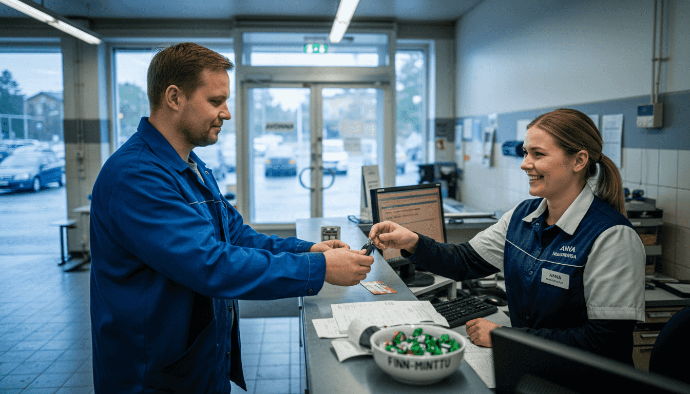 Asiakas keskustelee autohuollon vastaanottajan kanssa tiskillä.