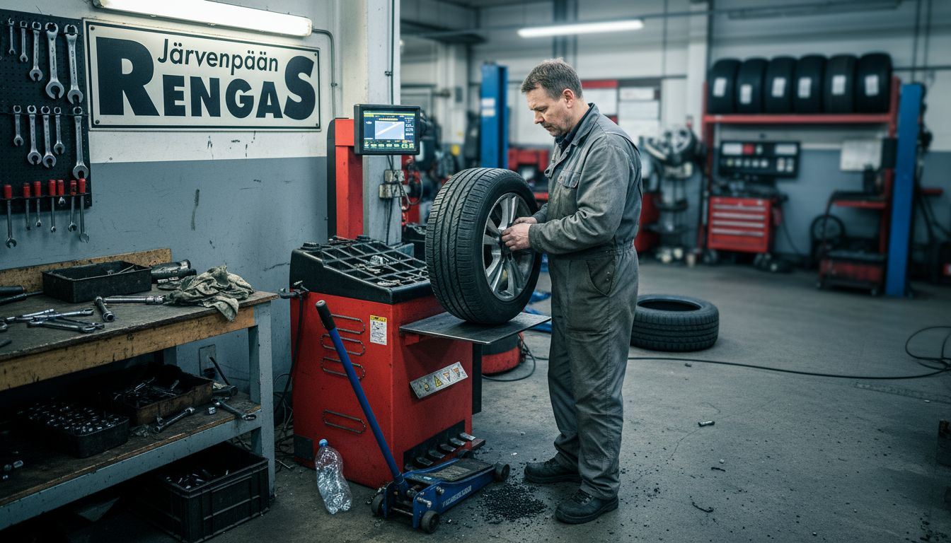 Automekaanikko tasapainottaa rengasta pienessä verstassaan.
