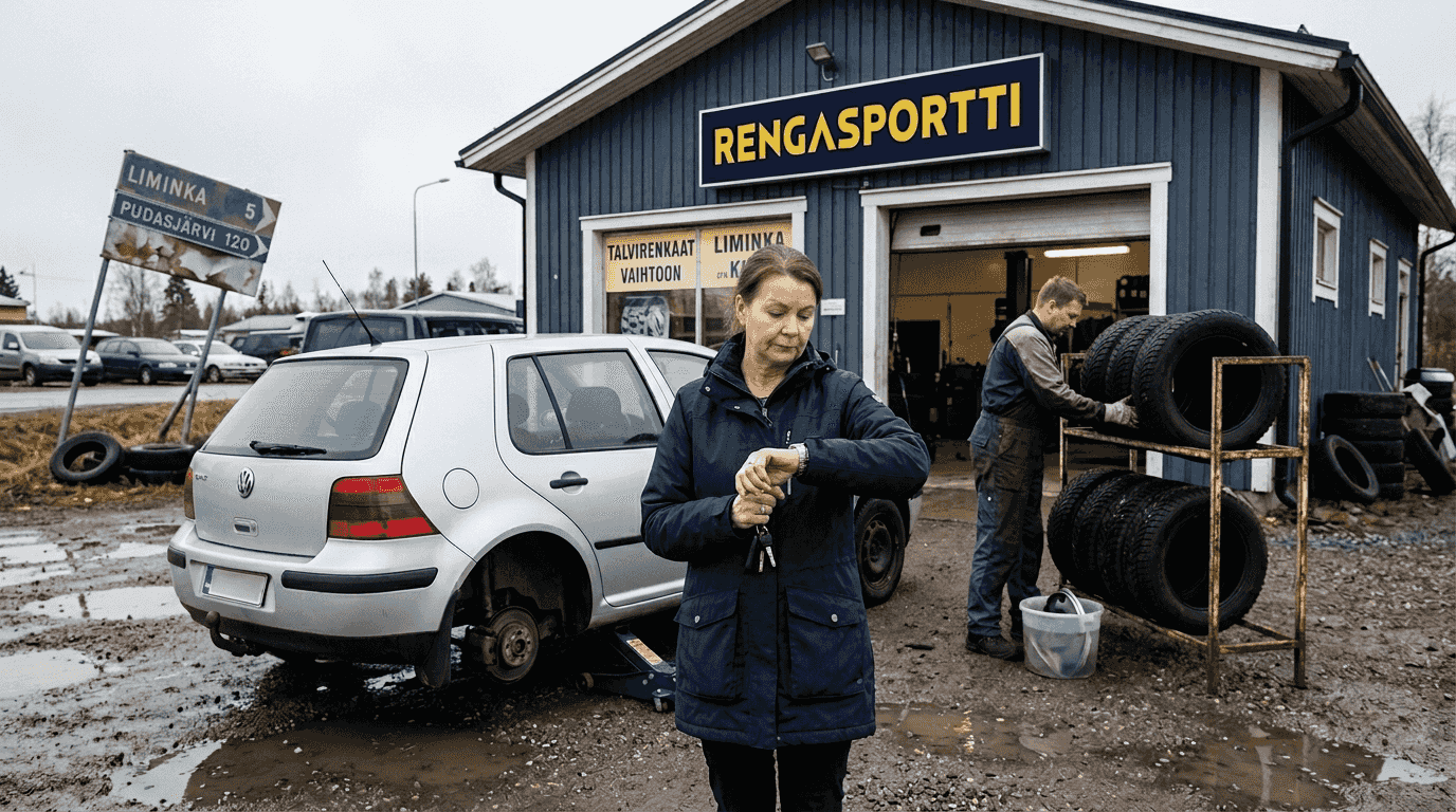 Liminkalainen asiakas rengasasennuksessa