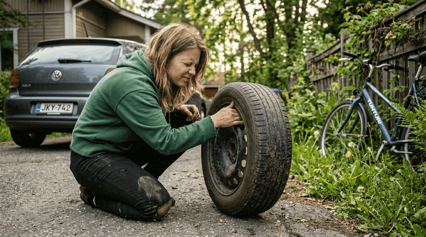 Nainen tarkistaa auton renkaan kokoa kotipihallaan.