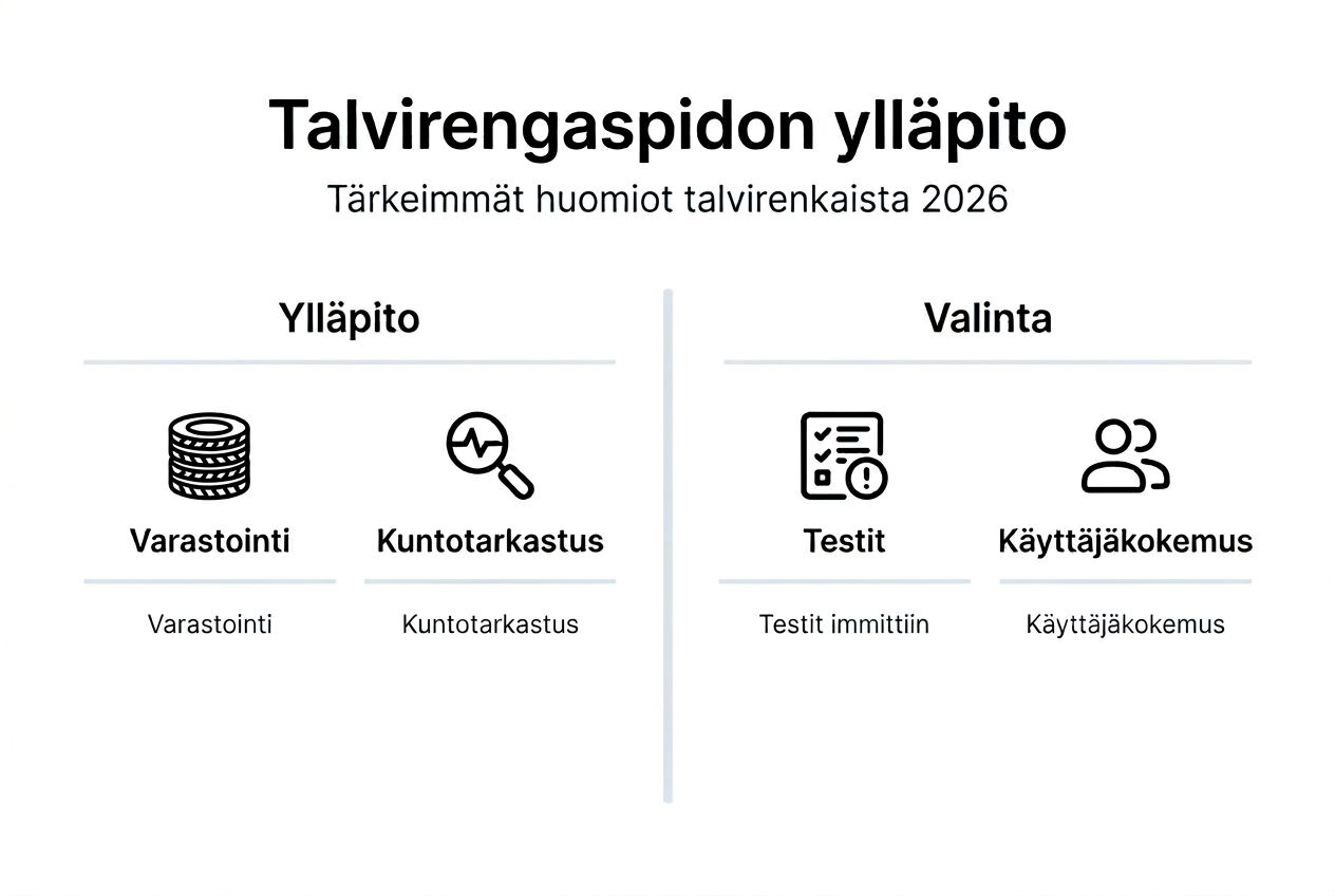 Infografiikka talvirenkaiden kunnossapidosta ja oikean rengastyypin valinnasta