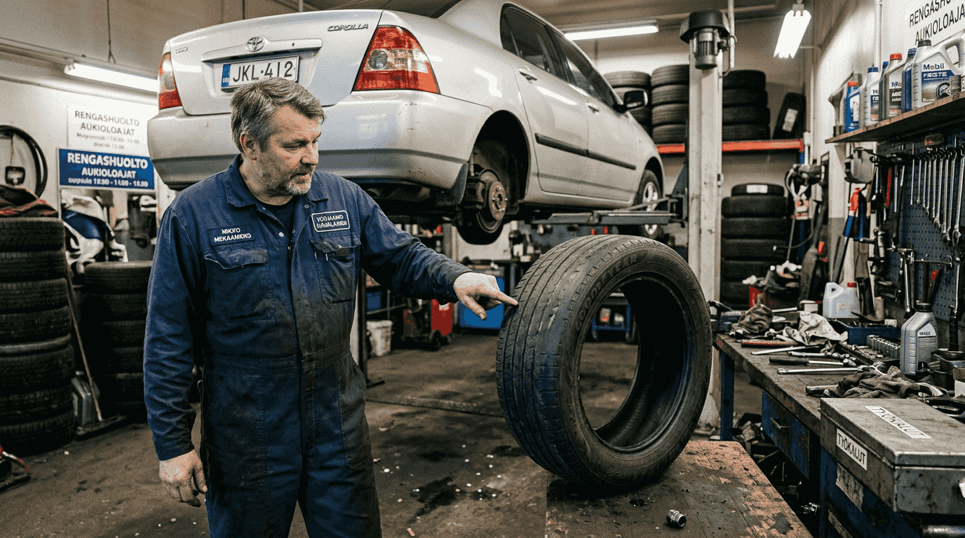 Automekaanikko näyttää asiakkaalle renkaiden epätasaista kulumaa korjaamolla.