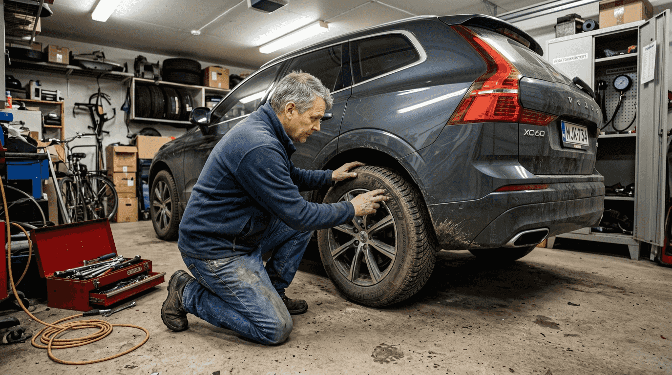 Mies tarkastaa katumaasturin rengasta autotallissa.