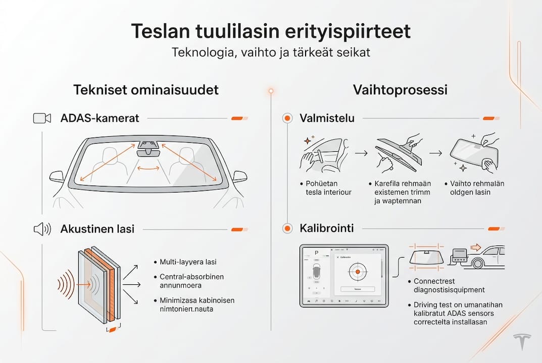 Teslan tuulilasin vaihtaminen – selkeä infografiikka