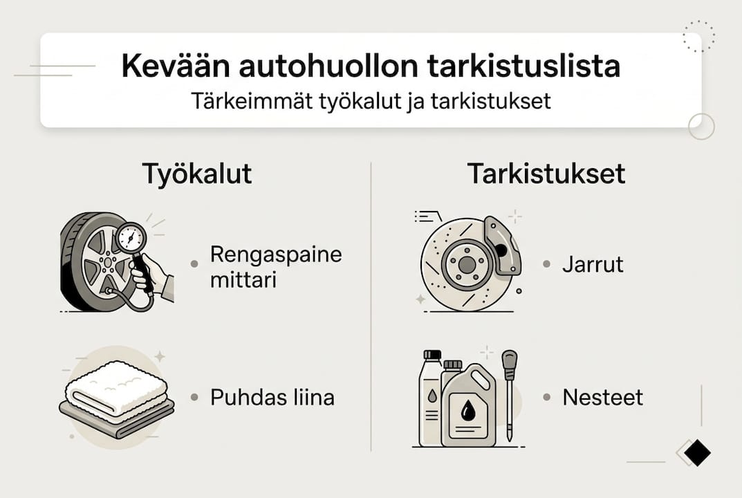 Kevään autohuollon tarkistuslista – mitä työkaluja ja tarkistuksia tarvitset