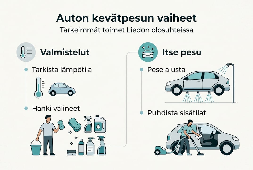 Infograafi: Näin onnistut auton keväthuollossa Liedossa – tärkeimmät pesuvaiheet kätevästi yhdessä paketissa