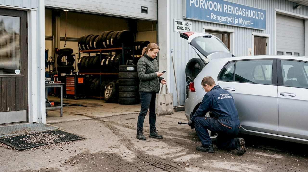 Rengasasentaja vaihtamassa auton renkaita
