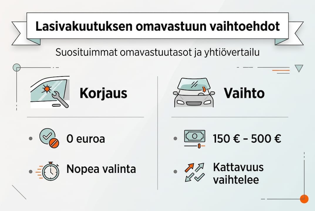 Kaavio eri lasivakuutuksen omavastuuvaihtoehdoista