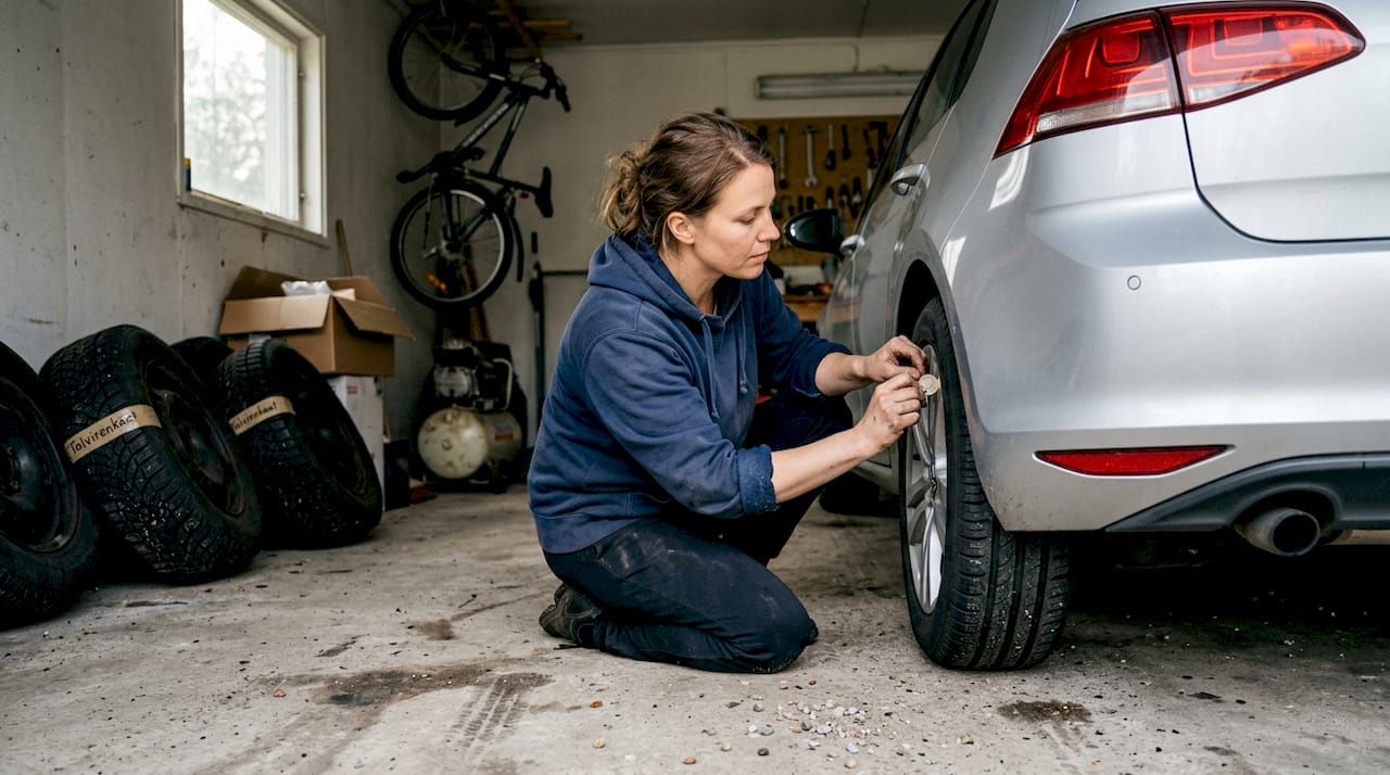 Nainen tarkistaa kesärenkaiden kuntoa autotallissa