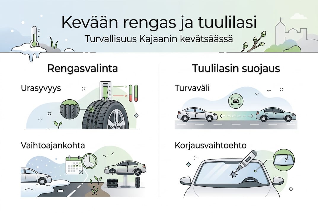 Kevätrenkaiden vaihto ja tuulilasin kunto – vinkit kajaanilaisille yhdessä infografiikassa