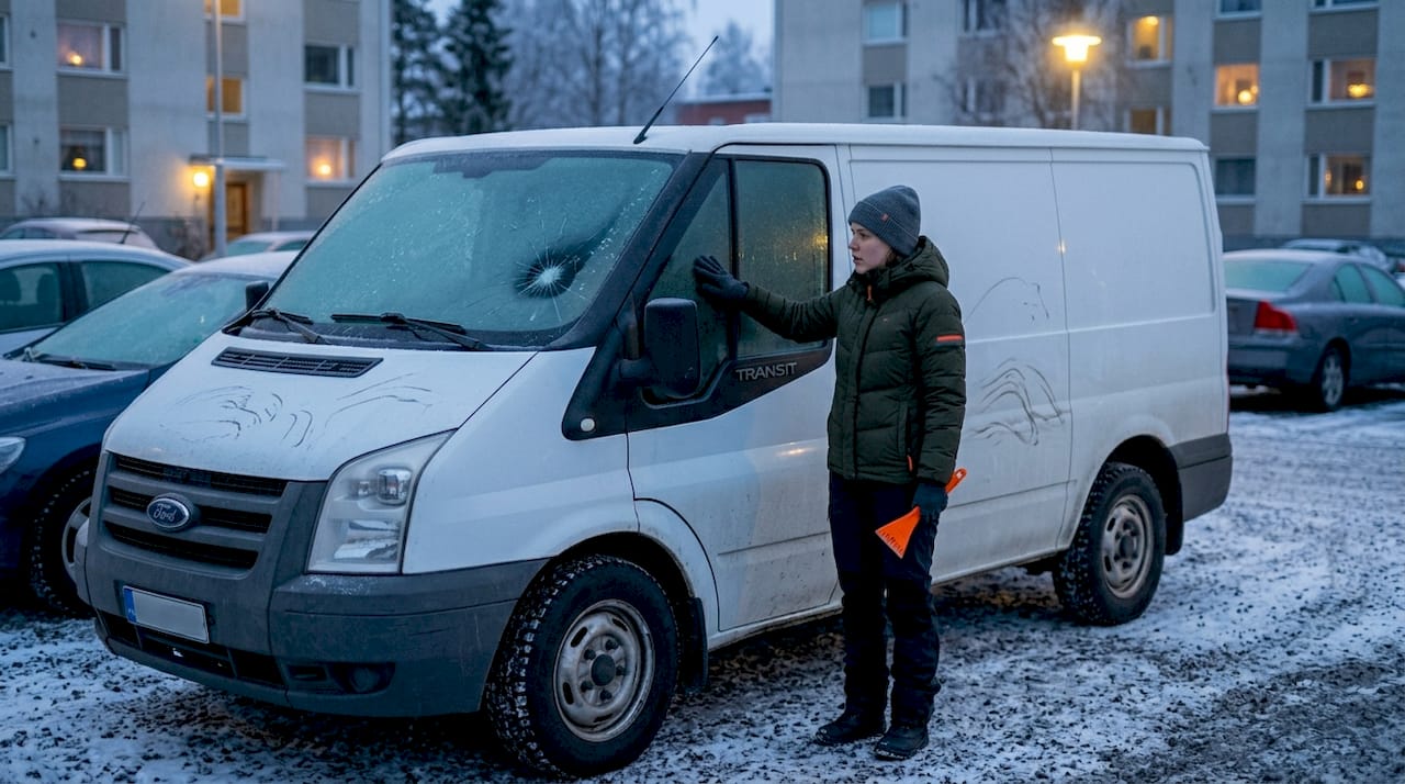 Nainen tutkii jäätyneen tuulilasin halkeamaa autonsa edessä.