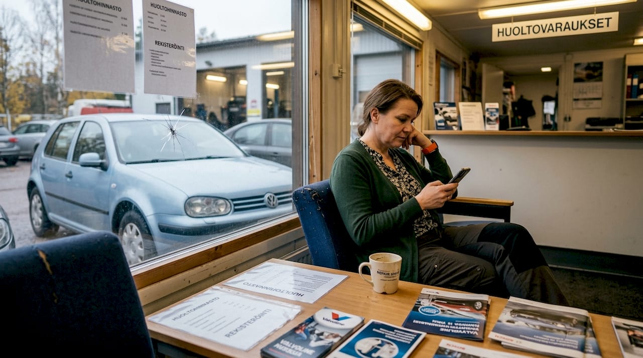 Nainen istuu tuulilasiliikkeen odotustilassa arjen keskellä.