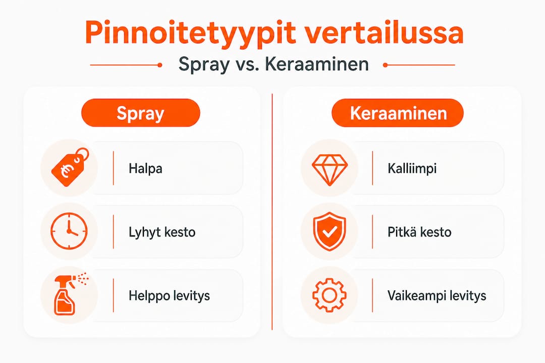 Tuulilasin pinnoitus hinta -vertailu: spray, nestemäinen ja keraaminen pinnoite.