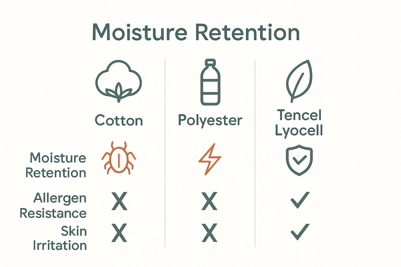 Infographic comparing Tencel Lyocell, cotton, and polyester for allergies