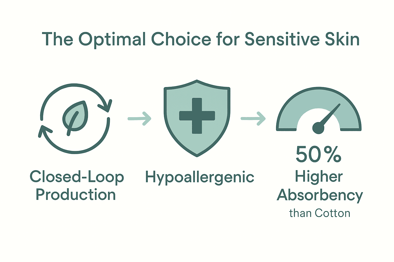 Infographic showing Tencel Lyocell's eco-friendly production, skin protection, and absorbency comparison to cotton.