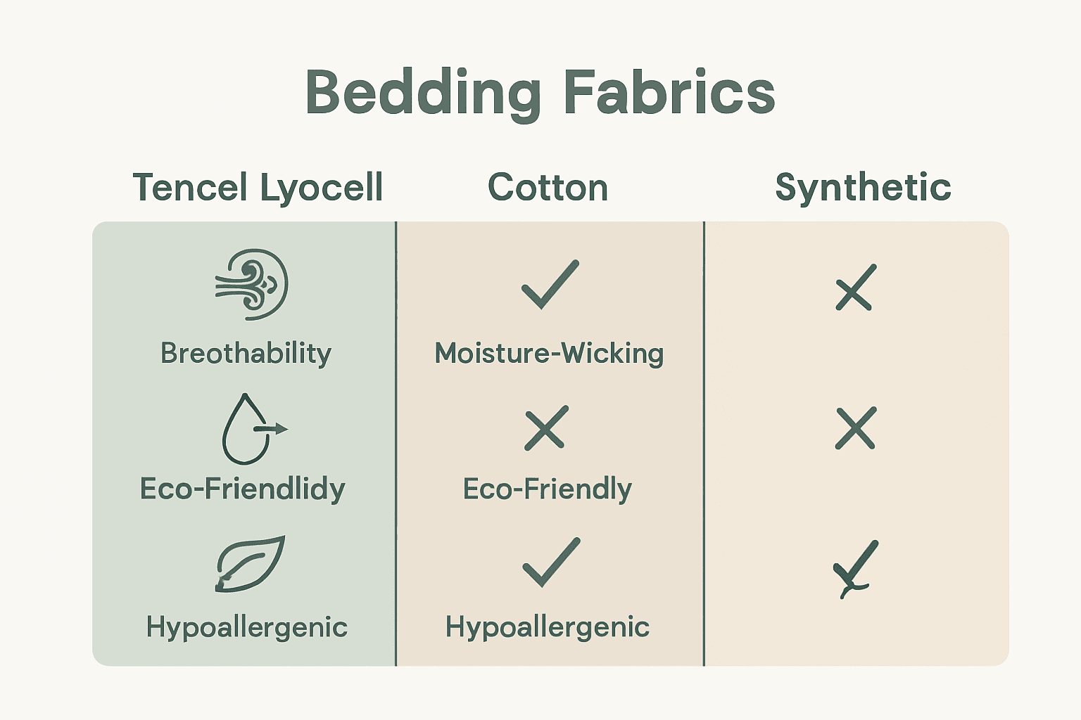 Infographic comparing Tencel Lyocell, cotton, and synthetic bedding fabrics across breathability, moisture wicking, sustainability, and skin-friendliness.