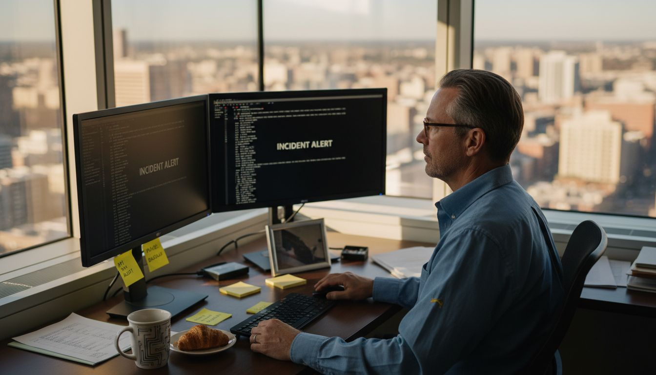 IT manager at desk reviewing security alerts