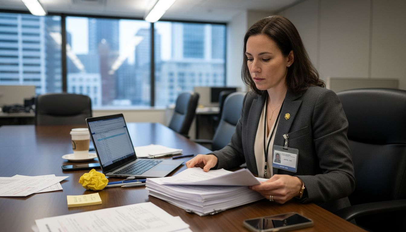 Auditor reviewing SOC 2 documents in meeting room