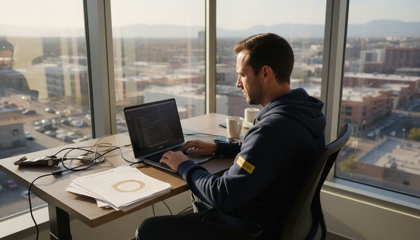 Developer working at desk with API code visible
