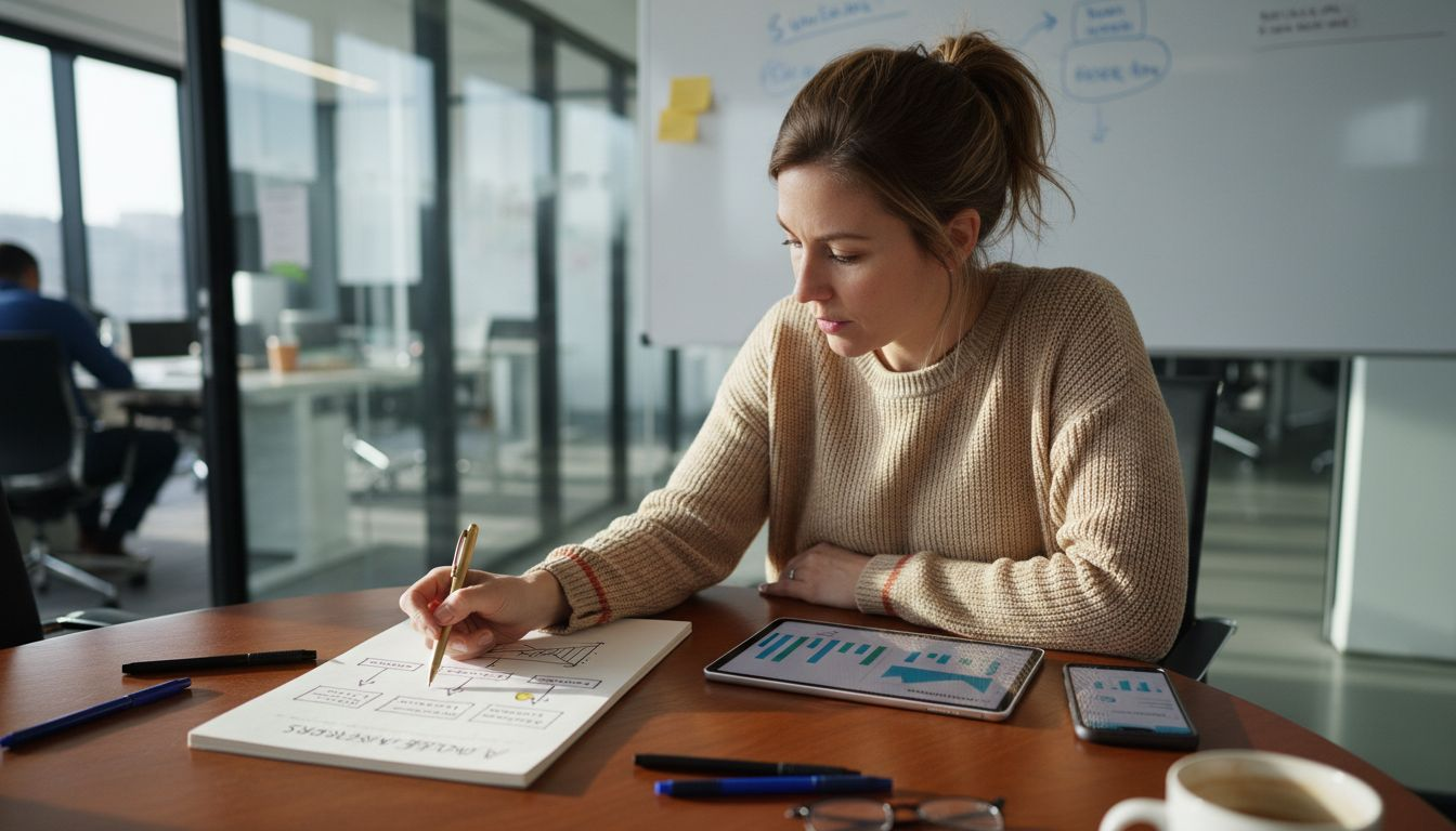 Woman reviews AI model diagram at table