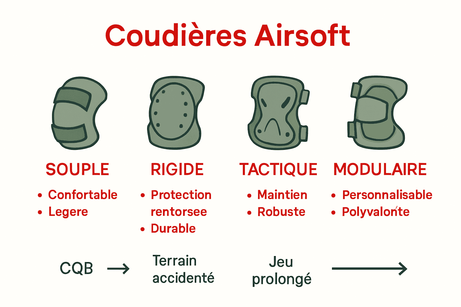 Infographic showing four main types of airsoft elbow pads