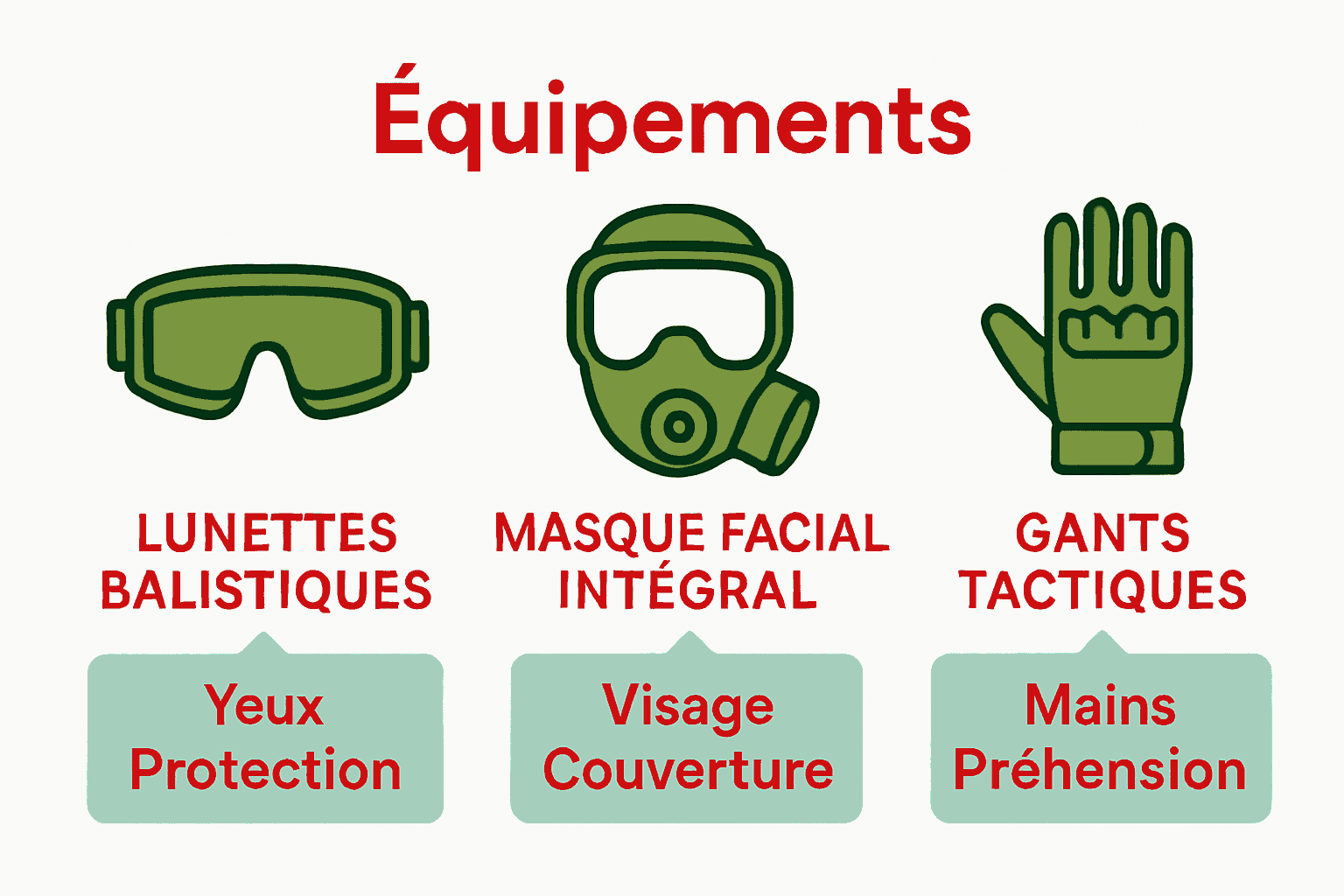 Infographie comparant protections lunette, masque et gants airsoft