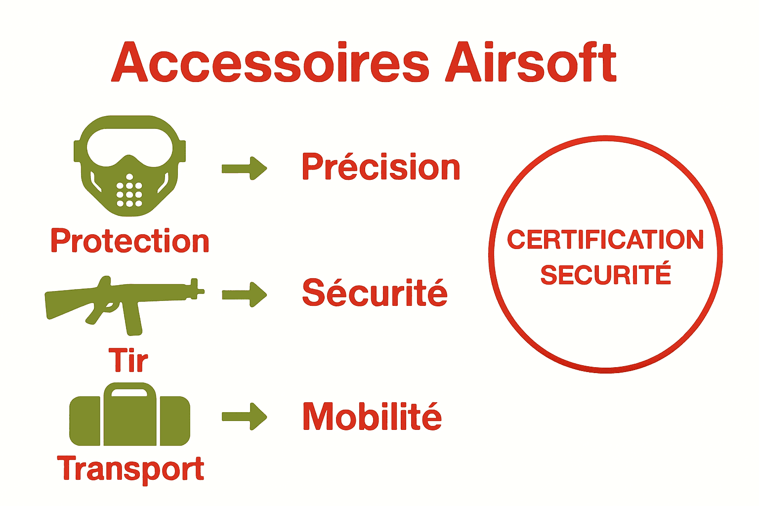 Infographie catégories accessoires airsoft et leur fonction principale