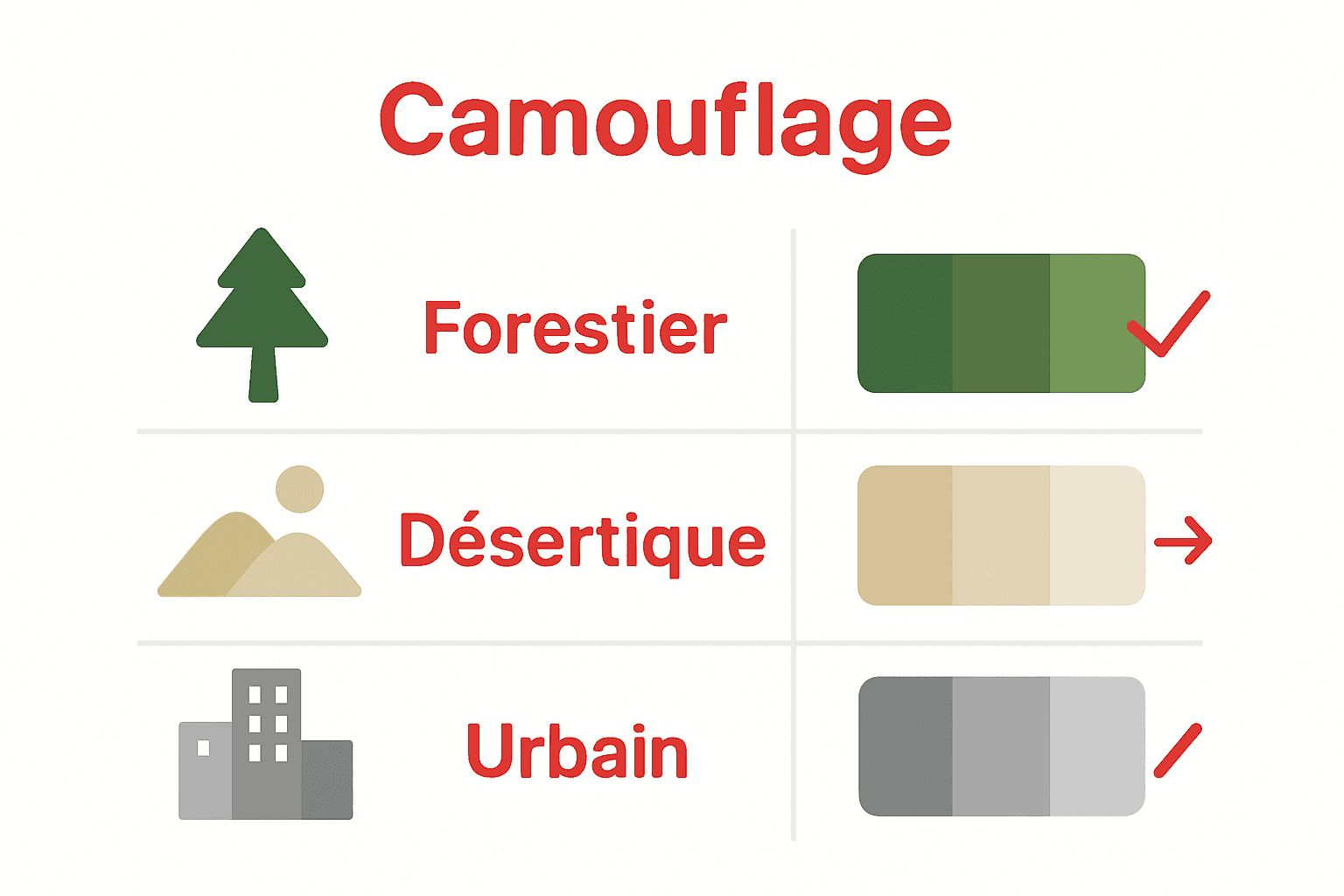 Infographie comparant trois types de camouflage airsoft pour différents environnements