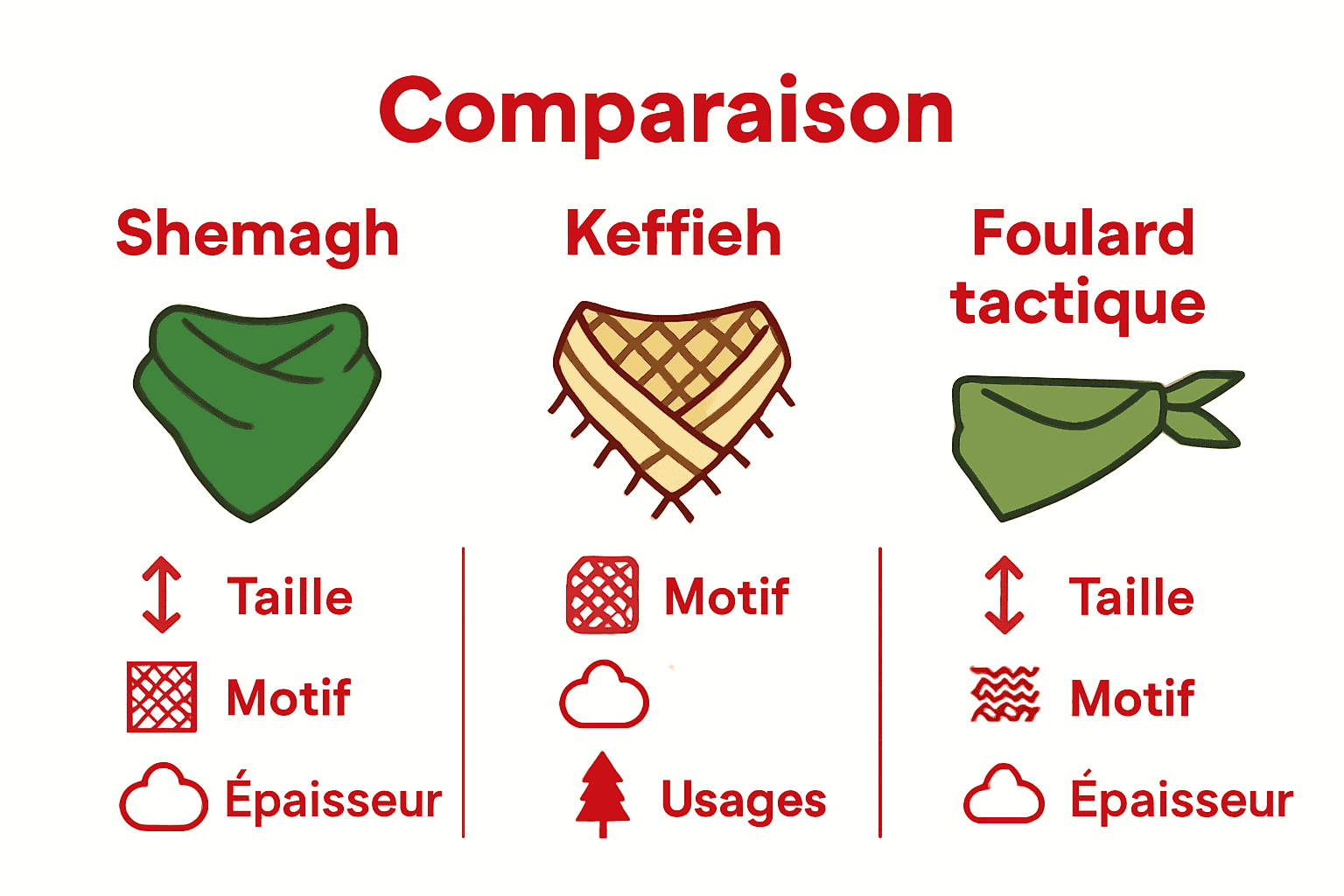 Comparaison visuelle shemagh, keffieh et foulard tactique pour airsoft
