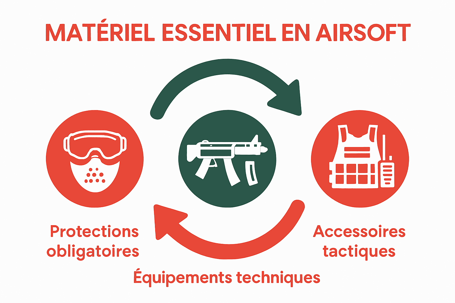 Infographie comparant types équipements essentiels airsoft