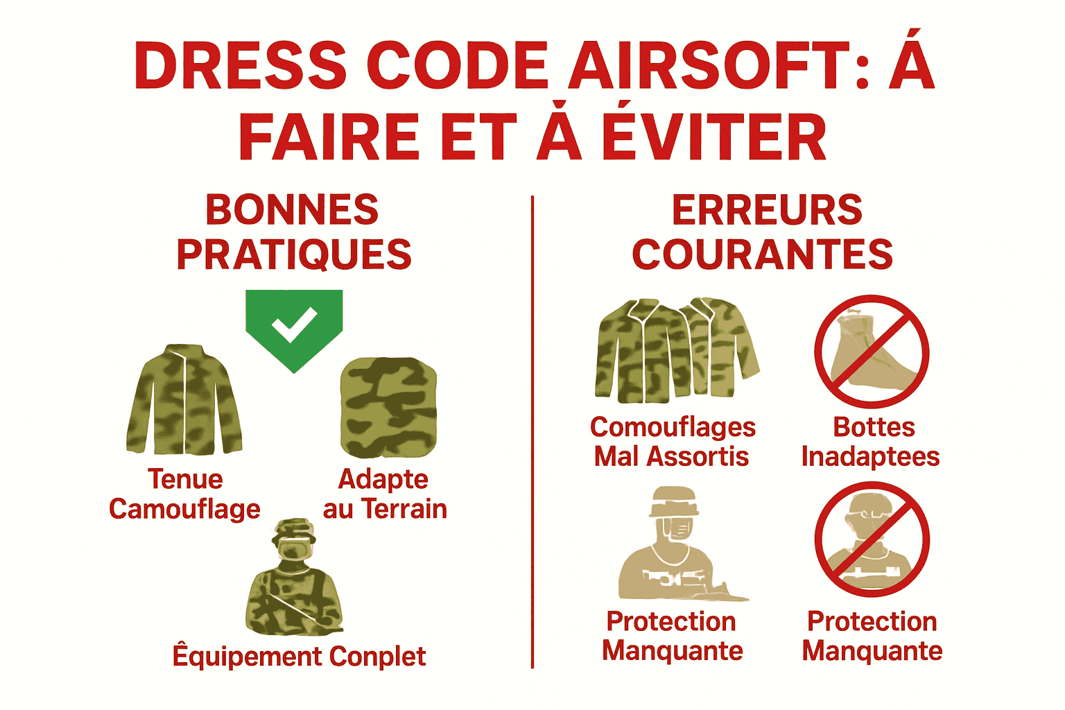 Infographic showing airsoft dress code dos and don'ts