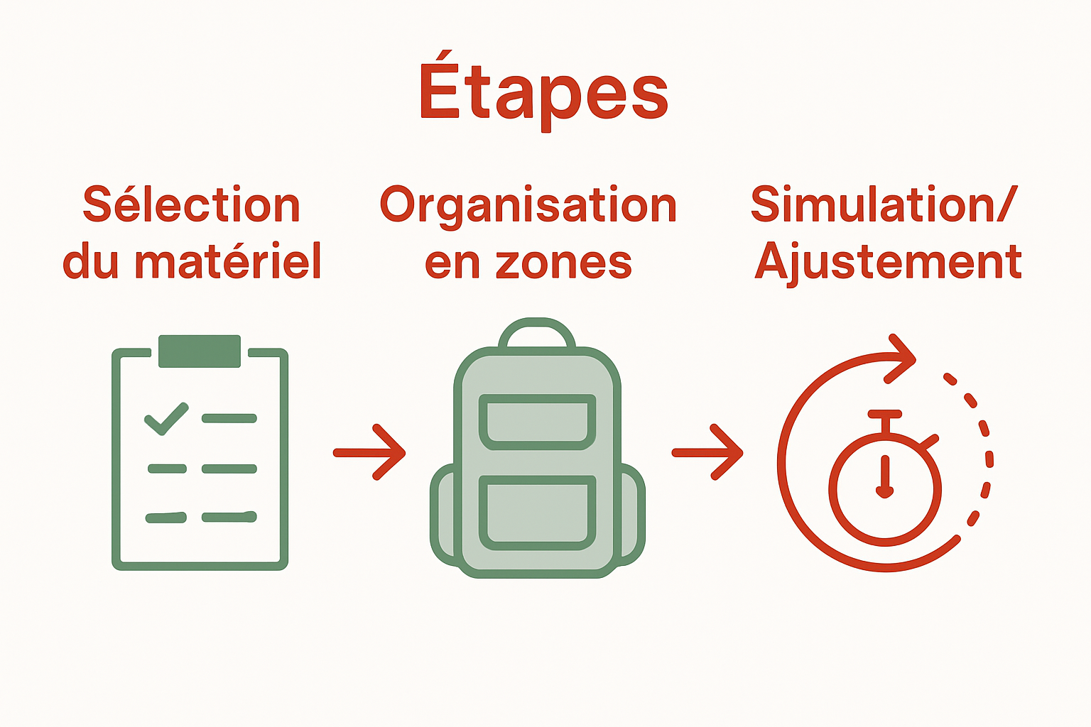 Processus organisation sac airsoft en 3 étapes principales