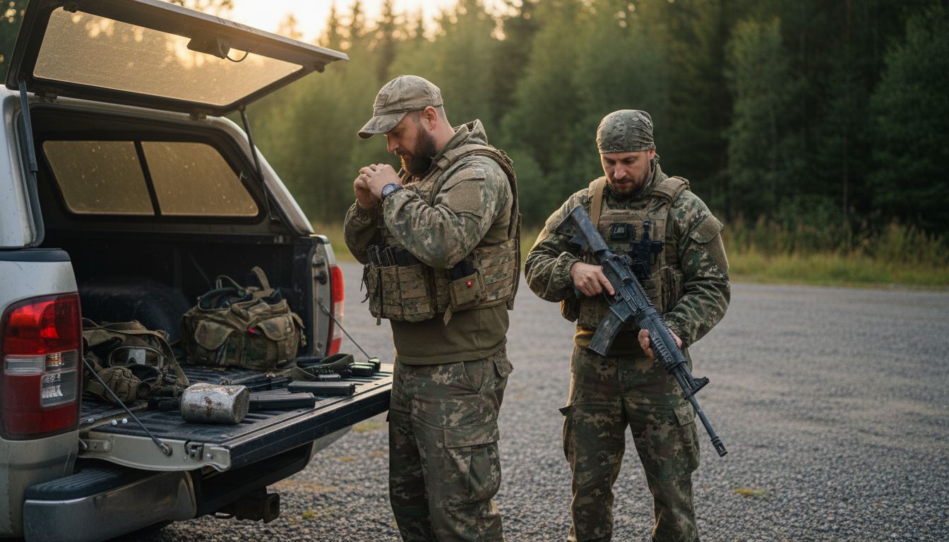Players preparing airsoft loadouts outdoors