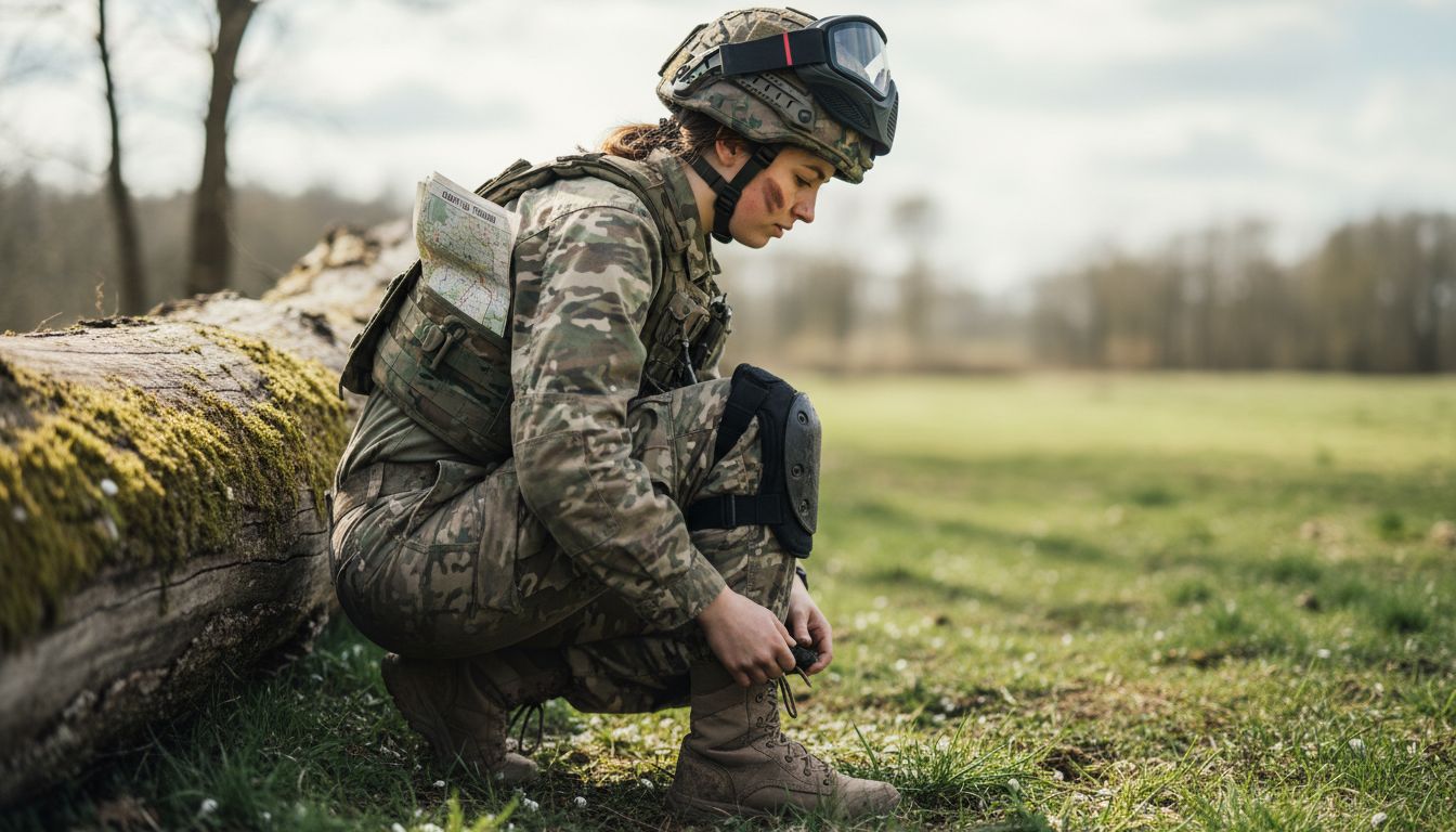 Un joueur réajuste son équipement d’airsoft en pleine partie.