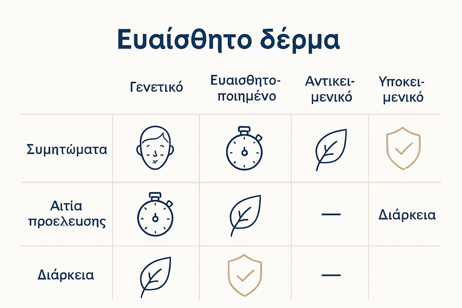 Τι Είναι Ευαίσθητο Δέρμα: Ολοκληρωμένος Οδηγός 3 Πίνακας σύγκρισης τύπων ευαίσθητου δέρματος με εικονίδια