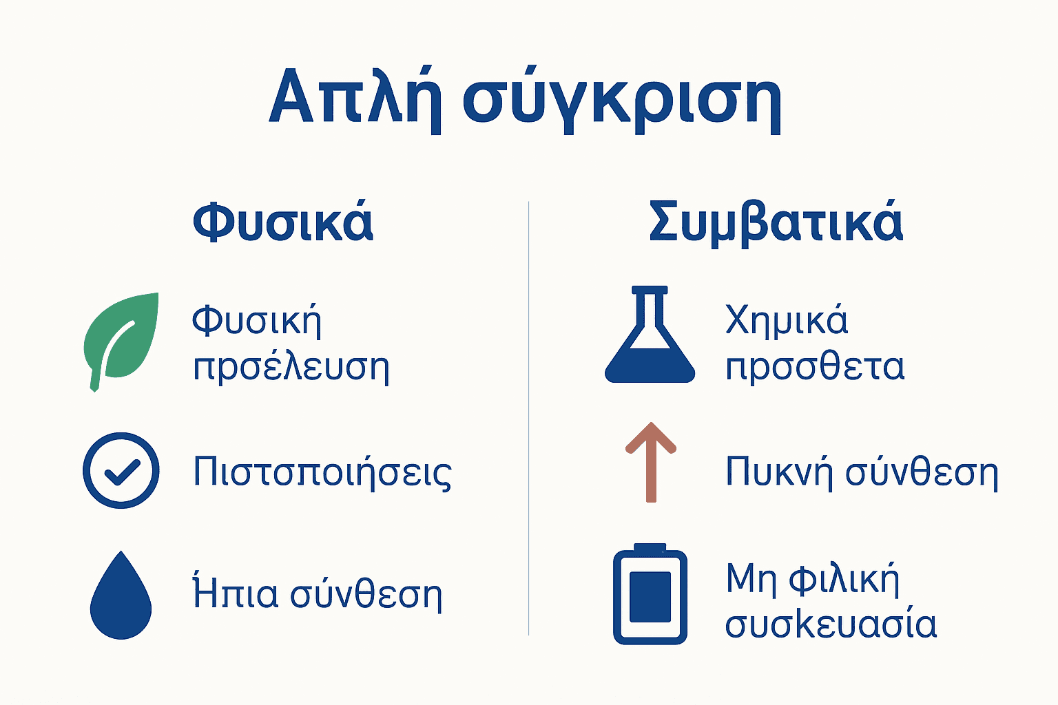 Τι Είναι Φυσικά Προϊόντα Μαλλιών: Πλήρης Οδηγός 3 Σύγκριση φυσικών και συμβατικών προϊόντων μαλλιών με απλά εικονίδια