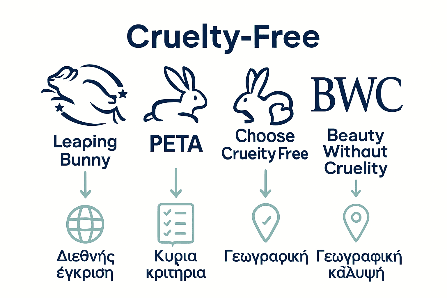 Τέσσερα εικονίδια πιστοποιήσεων cruelty-free με βέλη και σύμβολα σύγκρισης.