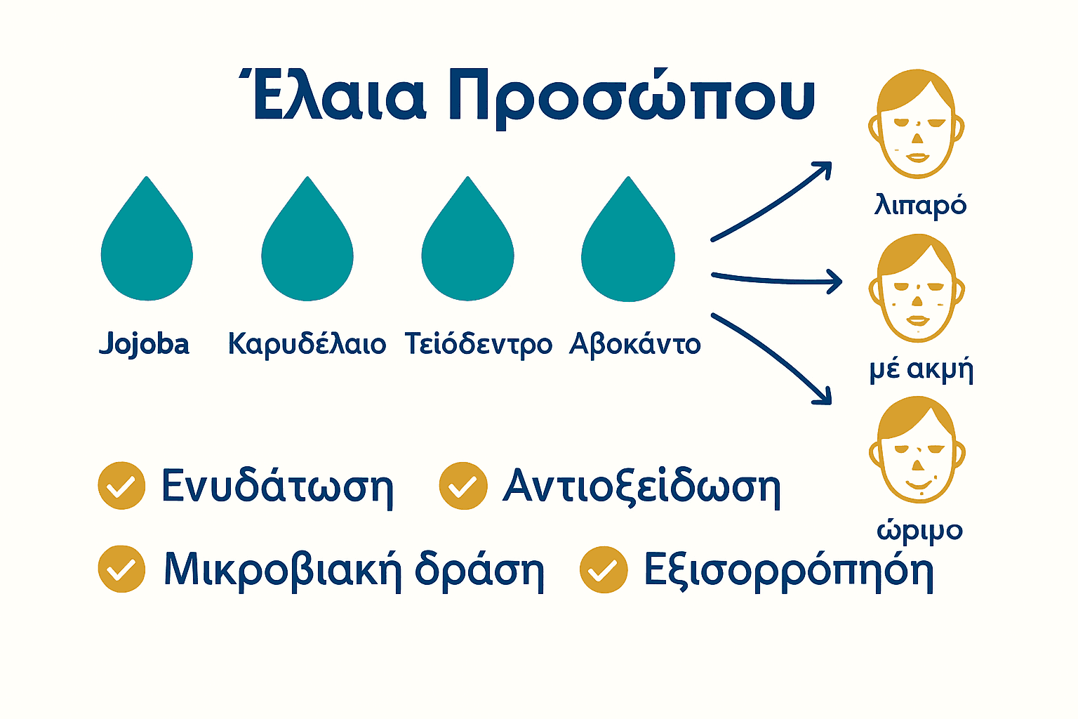 Καθαρισμός με Λάδι: Πλήρης Οδηγός Φροντίδας 2 Infographic matching facial oils to skin types and benefits.