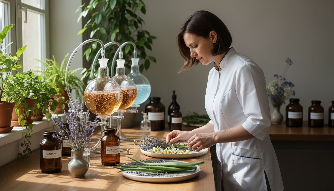 Scientist examines botanical ingredients in lab