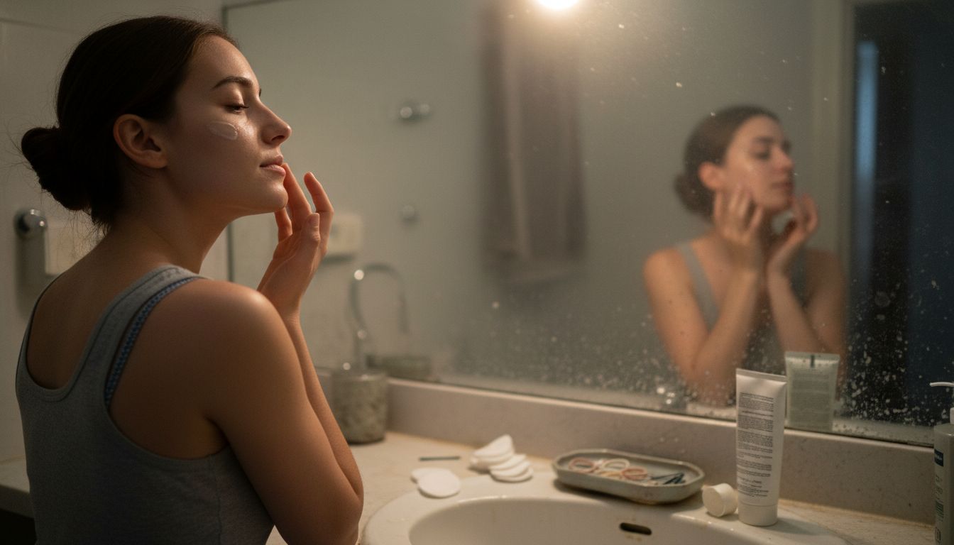 Woman applying cream in bathroom with shelf items