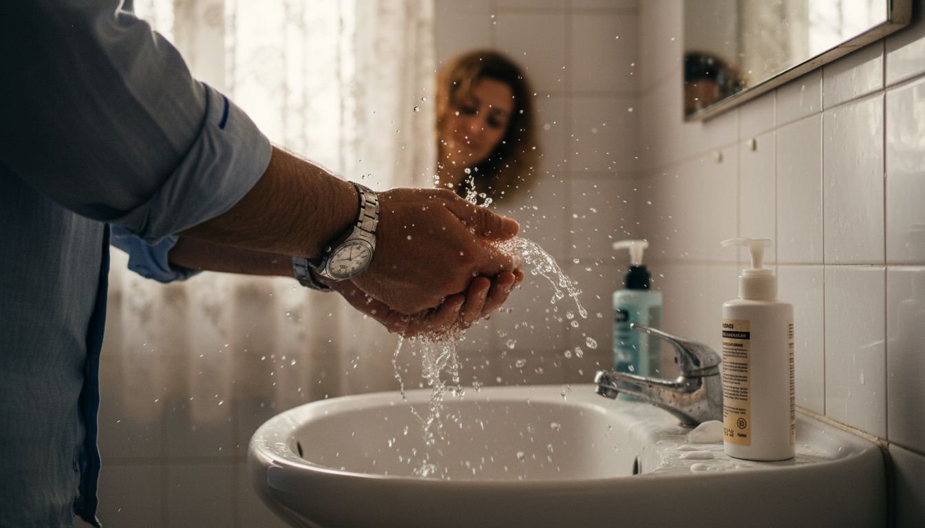Hands splashing water on face closeup