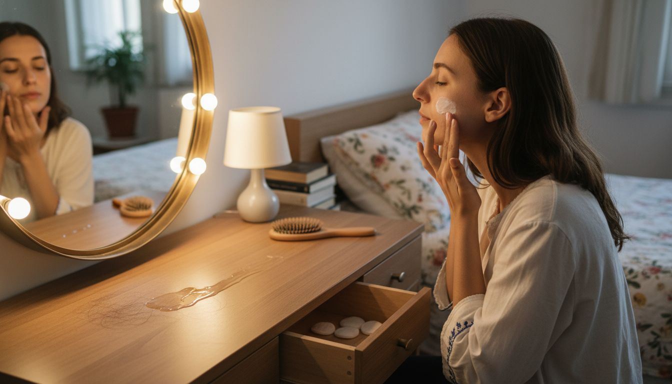 Woman applying moisturizer at bedroom vanity