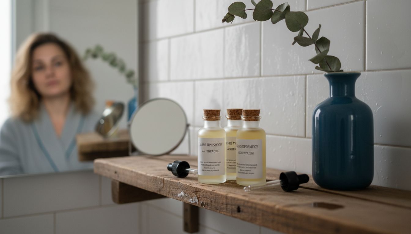 Τι Είναι Αντιγηραντική Φροντίδα: Τι Αλλάζει στην Επιδερμίδα 2 Λάδια προσώπου τακτοποιημένα στο ράφι του μπάνιου, δίπλα σε φύλλα ευκαλύπτου, δημιουργούν μια αίσθηση φρεσκάδας και χαλάρωσης.