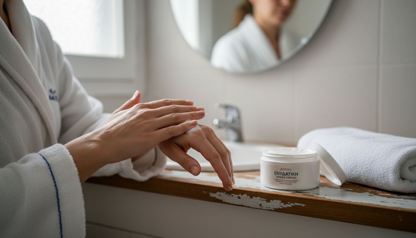 Χέρια απλώνουν ενυδατική κρέμα πάνω στον νιπτήρα του μπάνιου.