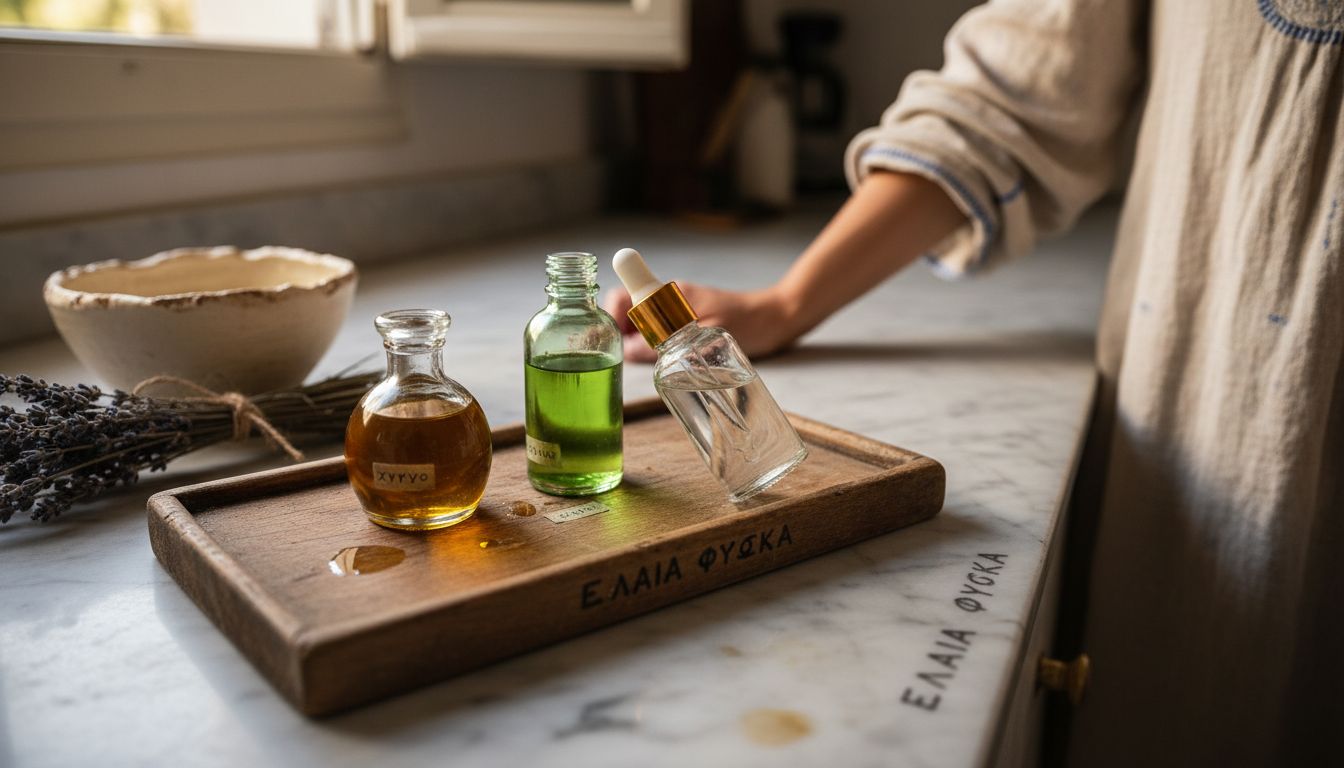 Μπουκαλάκια με διάφορα έλαια προσώπου ακουμπισμένα στον πάγκο της κουζίνας.