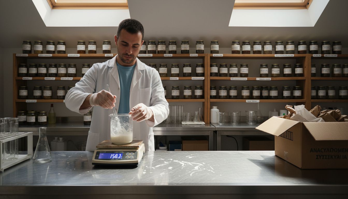 Εξειδικευμένος τεχνικός ετοιμάζει παρτίδα καλλυντικών με σεβασμό στο περιβάλλον